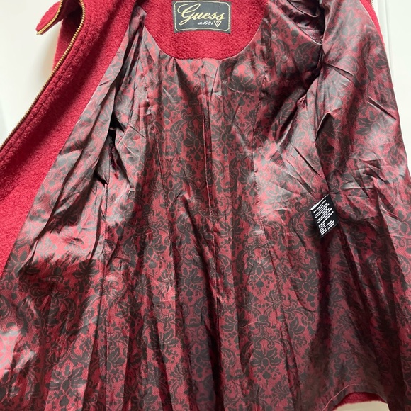 Guess Sz Women's Gorgeous Red Textured Pea Coat Gold Accents Lace Pattern Lining - Picture 8 of 12